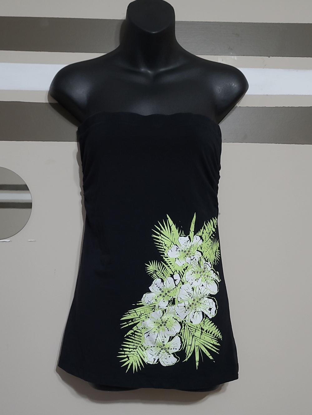 ⭐️ Vintage Blue Crush Y2K Black Tropical Floral/Leaf Print Tube Top Size Med
